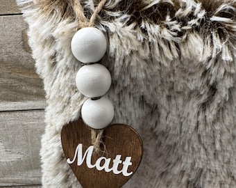 Personalized Wood Heart Stocking Tag – Custom Name Christmas Charm – Rustic Ornament for Family Stockings