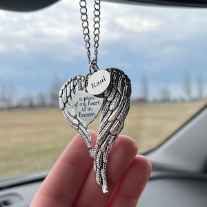 Personalized Name Memorial Gift, Angel Wings, A Piece Of My Heart Is In Heaven, Rear View Mirror Car Charm, Memorial Day Gift