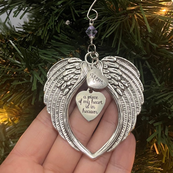 Memorial Gift, Personalized Custom Memorial Christmas Ornament, A Piece Of My Heart Is In Heaven Angel Wings Ornament, Sympathy Gift