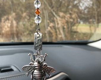 Graduation Gifts for Her, Bee Car Charm-Find Joy in the Journey charm, Crystal & Clear Czech Glass Beads Hanging Ornament Car Interior Decor