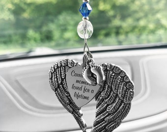 Custom Birthstone "Carried for a moment, loved for a lifetime" Large Angel Wings and Little Feet Baby Feet Rear View Mirror Car Charm