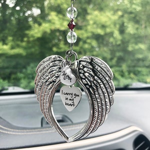 Memorial Car Charm with Large Angel Wings, &quot;I Carry You in My Heart,&quot; & Family Member Charms and Birthstone Crystal, Sympathy Mom Dad Sister