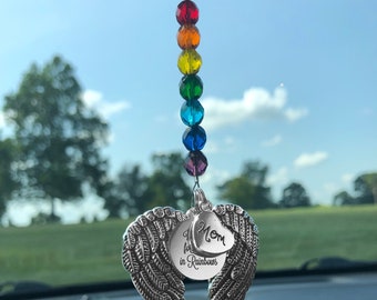 Rainbow Memorial Car Charm with "I'll Look for You in Rainbows," Angel Wing & Family Member Charms, Car ornament, Sympathy Gift, Car Decor