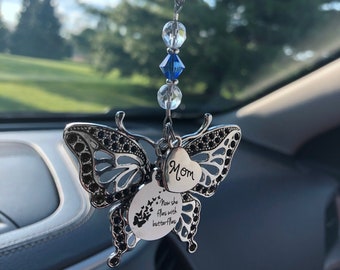 Custom Butterfly Memorial Car Charm with "Now She Flies with Butterflies," Large Butterfly Charms and Birthstone Crystal Sympathy Gift