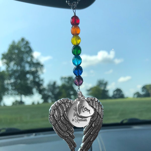 Rainbow Memorial Car Charm with "I'll Look for You in Rainbows," Angel Wing & Family Member Charms, Car ornament, Sympathy Gift, Car Decor