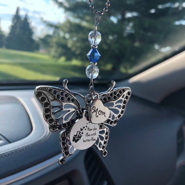 Custom Butterfly Memorial Car Charm with "Now She Flies with Butterflies," Large Butterfly Charms and Birthstone Crystal Sympathy Gift