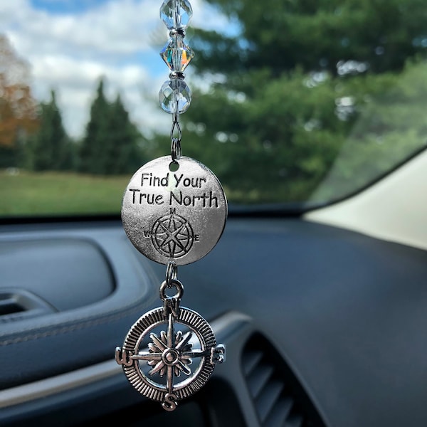 Inspiring and Uplifting Gift with “Find Your True North” and Compass Charms Rear View Mirror Car Charm, New Beginnings, Inspirational Gift