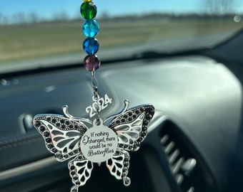 New Beginnings Car Charm - Silver Tone Butterfly, If Nothing Changed There Would Be No Butterflies & 2024 charms, and 7 Rainbow glass beads