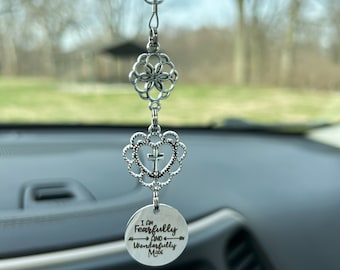 Personalized "I am fearfully and wonderfully made" Psalm 139:14, Cross Car Charm, Christian Gift, Religious Gift, Easter Birthstone Crystal