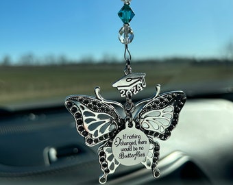 Graduation 2024 Car Charm, Silver Tone Butterfly & If Nothing Changed There Would Be No Butterflies charms, Birthstone Crystal Gift for Grad