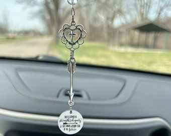 She is clothed with strength and dignity and she laughs without fear of the future, Cross Car Charm, Christian, Religious Gift, Birthstone