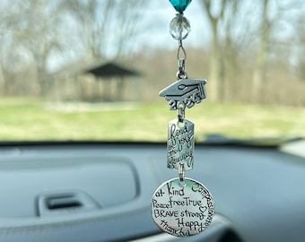 Personalized Graduation Gift for 2024 High School, College Grads Wise Words Collage and Compass Charms Birthstone Rearview Car Charm