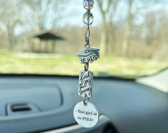 Graduation Gift for her “,,,this girl is on FIRE” and Find Joy in the Journey, Grad Cap charms & Birthstone Rearview Car Charm, 2024 Grads