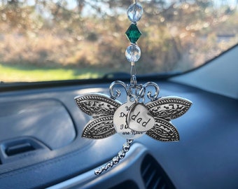 Custom Name charm & "When Dragonflies Appear I Know You are Near," Large Dragonfly and Birthstone Crystal Charms Rearview Mirror Car Charm