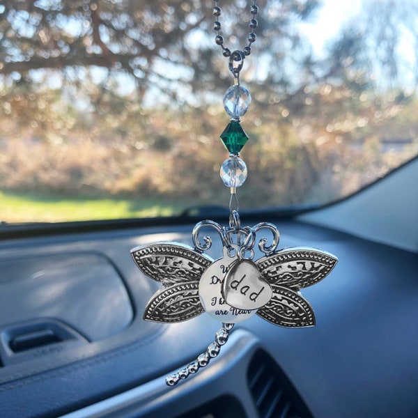 Custom Dragonfly Memorial Car Charm-"When Dragonflies Appear I Know You are Near" Large Dragonfly, Family Member, Birthstone Crystal Charms