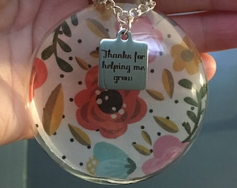 Glass Ornament, Vellum Flower Paper, "Thanks For Helping Me Grow" Charm, Teacher Appreciation Childcare Provider Mentor Keepsake Gift