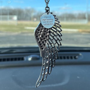 Memorial Gift for Loss of Father – "I Have an Angel Watching Over Me and I Call Him Dad" – Angel Wing Feather Rearview Mirror Car Charm
