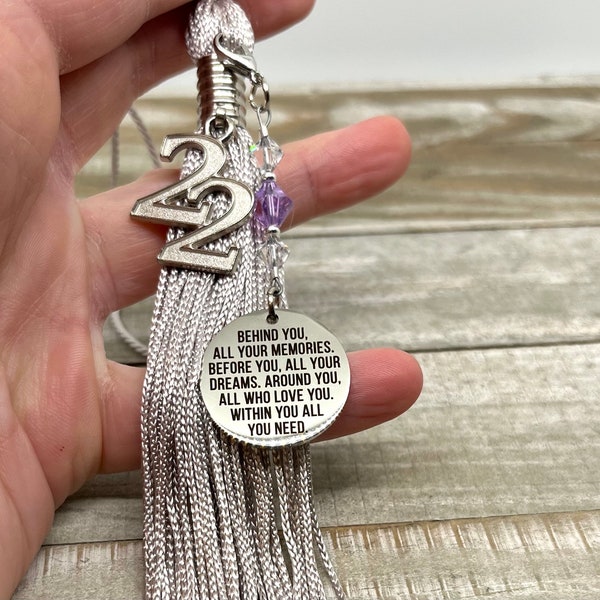 Custom Birthstone Crystal Graduation Tassel CHARM ONLY, Behind You All Your Memories Before You All Your Dreams, 2024 High School Graduation