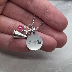 Cheerleader Necklace, Personalized Custom Name Charm, Birthstone Crystal, Megaphone Charm, Silver Finished Necklace, 18 with 1 Extender image 2