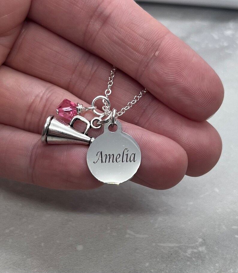 Cheerleader Necklace, Personalized Custom Name Charm, Birthstone Crystal, Megaphone Charm, Silver Finished Necklace, 18 with 1 Extender image 2