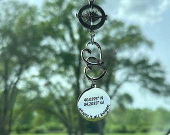 Personalized Coordinates, Where It All Began, Rear View Mirror Car Charm, Bridal Shower Gift, Wedding Gift, Anniversary Gift