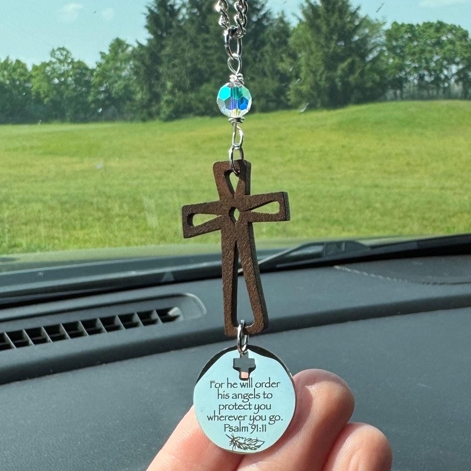Wood Cross Suncatcher Car Charm Gift – Psalm 91:11 “For He Will Order His Angels to Protect You” – Christian Rearview Mirror Ornament