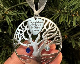 Mom Ornament – Personalized Birthstone Crystals – Tree of Life – The Love Between a Mother and Her Children Is Forever