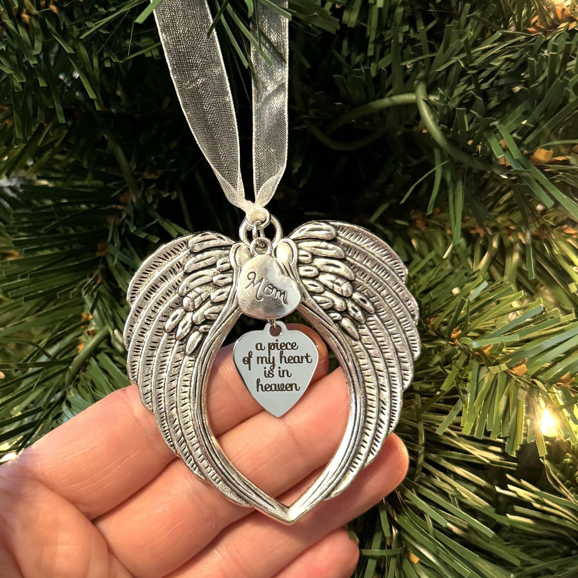 Personalized Memorial Ornament, A Piece Of My Heart Is In Heaven Angel Wings Christmas Ornament, Remembrance, Sympathy, Bereavement Gift