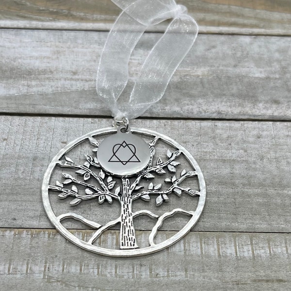 Adoption Ornament, Silver Tree Of Life, Intertwined Heart And Triangle Adoption Symbol Charm, Adoption Gotcha Day Gift, Home Decor