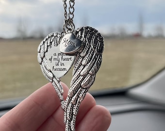 Memorial Gift, Angel Wings Rear View Mirror Car Charm A Piece Of My Heart Is In Heaven, Guardian Angel For Car