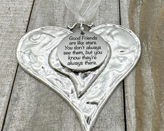 Friend Valentine Gift, Good Friends Are Like Stars Heart Silver Ornament, Long Distance Friendship Gifts