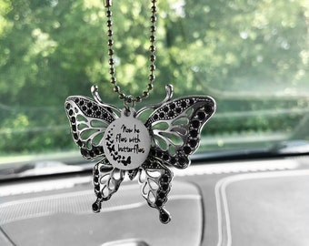 Now He Flies with Butterflies & Big Antique Silver Tone Butterfly Charms Rear View Mirror Car Charm, Memorial Remembrance