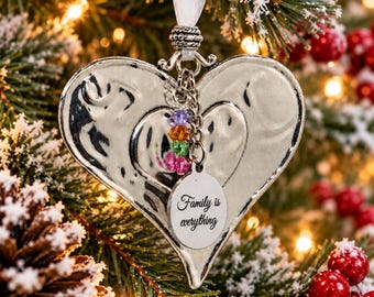Family Is Everything Ornament, Custom Birthstone Christmas Heart Ornament, Family Keepsake Ornament