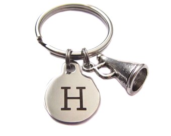 Custom Cheerleader Megaphone Charm Initial Charm, Keychain, Bag Charm, Key Chain, Zipper Pull, Cheer Gift