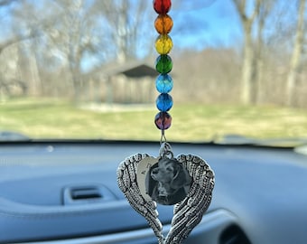 Custom Photo Pet Memorial Car Charm “I'll Meet You at the Rainbow Bridge” & Angel Wings Charms Rainbow Color Glass Beads Mirror Car Charm