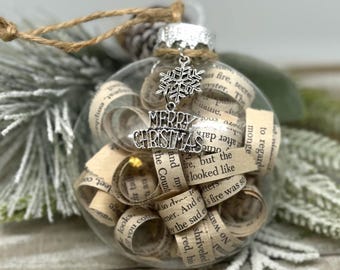 Christmas Book Page Ornament, Merry Christmas, Snowflake Christmas Tree Holiday Ornament Decorations Gift, Glass Ornament, Book Lover Gift