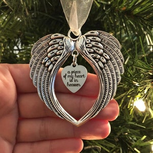 Christmas Memorial Ornament, A Piece Of My Heart Is In Heaven, Angel Wings Wall Decor, Memorial Gift, Sympathy  Remembrance Ornament Gift