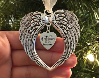 Christmas Memorial Ornament, A Piece Of My Heart Is In Heaven, Angel Wings Wall Decor, Memorial Gift, Sympathy  Remembrance Ornament Gift