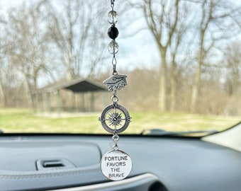 Graduation Gift for 2024 High School, College Grads “Fortune Favors the Brave” and Compass Charms Rear View Mirror Car Charm, Suncatcher