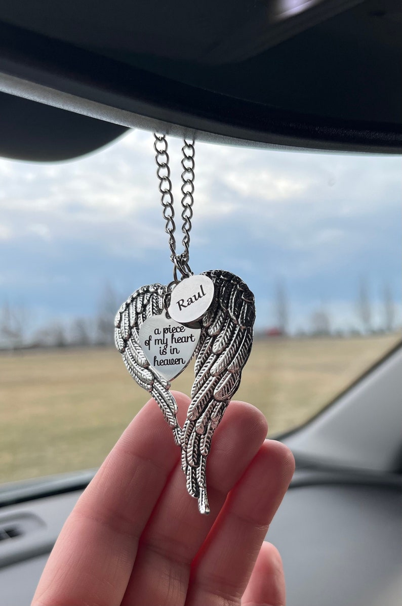 Custom Name Memorial Angel Wings Car Charm Gift, A Piece of My Heart is