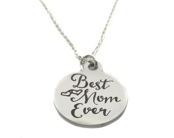 Stainless Steel "Best Mom Ever" Circle Charm, Sterling Silver Necklace, 18" Mom Mother's Day Jewelry Gift