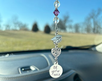 Graduation Gift for Her, 2024 Grads “BEyoutiful,” Heart, & Graduation Cap Charms on Rear View Mirror Car Charm for High School, College