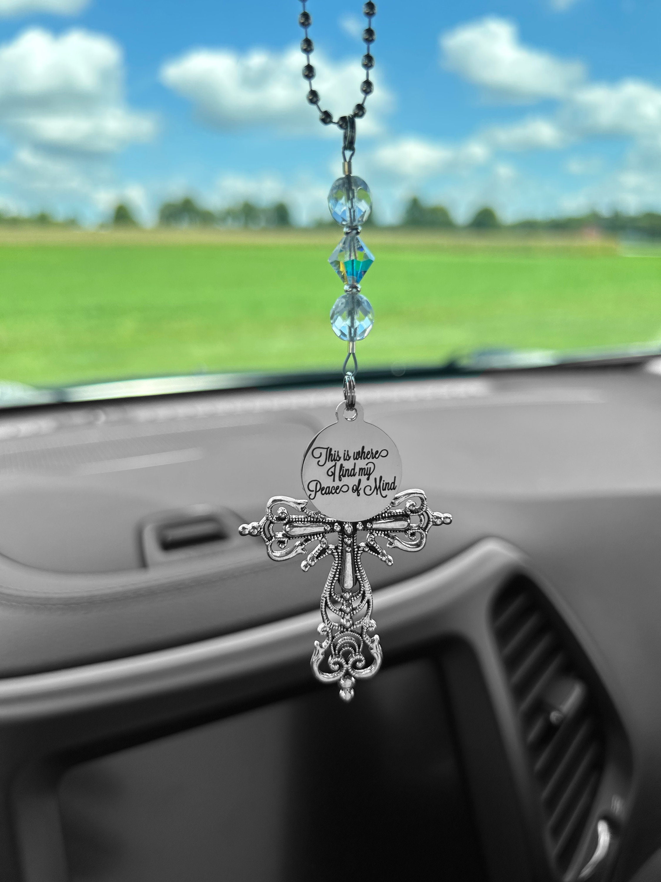 Religious, Spiritual Cross and This is Where I Find My Peace of Mind  charms & Birthstone Crystal Rear View Mirror Car Charm Soulful Gift