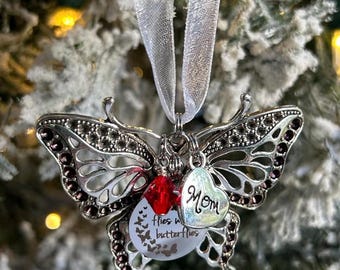 Custom Name "Now She Flies with Butterflies" Large Silver Tone Butterfly and Custom Name Charm & Birthstone Crystal Ornament