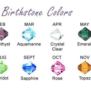 May include: Chart showing the birthstone colors for each month of the year. The chart shows a small crystal bead representing each birthstone color. The months are listed across the top of the chart, and the birthstone names are listed below each bead.