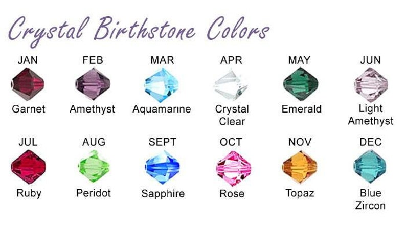 May include: Chart showing the birthstone colors for each month of the year. The chart shows a small crystal bead representing each birthstone color. The months are listed across the top of the chart, and the birthstone names are listed below each bead.