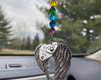 Reserved Listing-Pet Memorial “I'll Meet You at the Rainbow Bridge,” Large Angel Wings & Three Custom Name Charms ,Rainbow Beads Car Charm