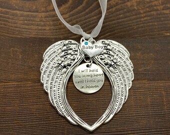 Angel Wing "I Will Hold You In My Heart Until I Hold You In Heaven" Baby Girl or Boy Charm Ornament, Baby Miscarriage Memorial Gift Keepsake