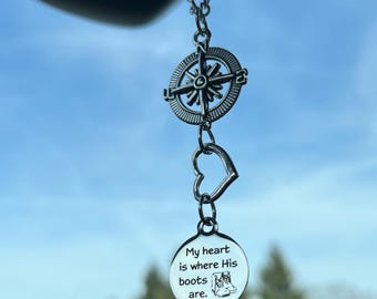 Deployment Gift for Military Wife – &quot;My Heart Is Where His Boots Are&quot; Car Charm – Soldier Wife Gift, Army Mom, Military Spouse Gift Idea