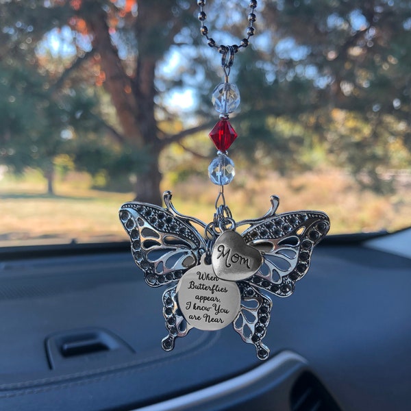 Custom Butterfly Memorial Gift "When Butterflies Appear I Know You are Near" & Large Butterfly Charms and Birthstone Crystal Car Charm